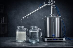 процесс перегонки с самогонным аппаратом и ёмкостями с прозрачным и мутным дистиллятом