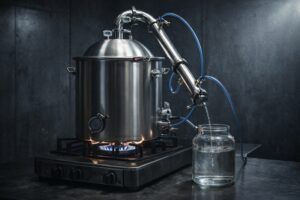 современная колонна с дефлегматором в процессе перегонки