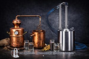 сравнение старинного аппарата и современной дистилляционной колонны